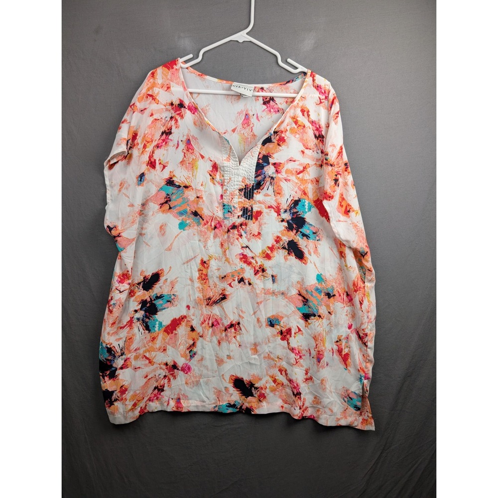 Ava‎ & Viv Womens 2X Floral V-Neck Short Sleeve Blouse Multi-Color